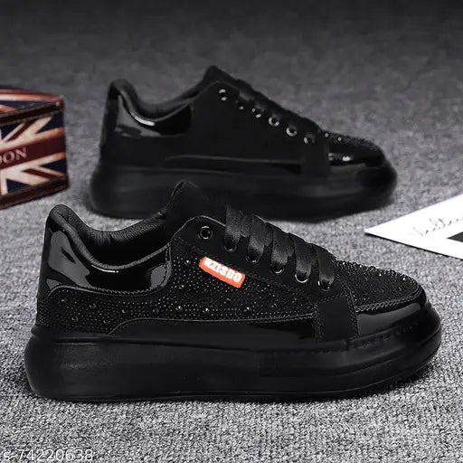 Black $ Gold Solid Sneakers For Men