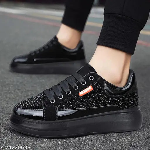 Black $ Gold Solid Sneakers For Men