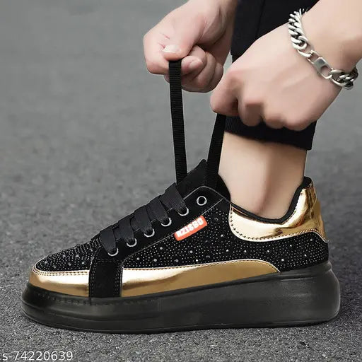 Black $ Gold Solid Sneakers For Men