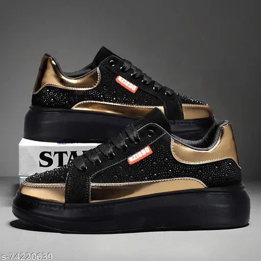 Black $ Gold Solid Sneakers For Men