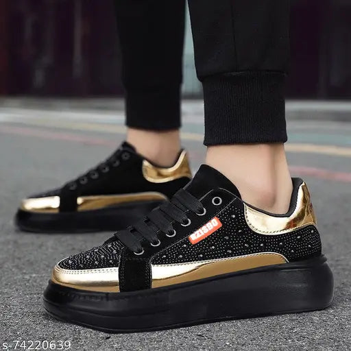 Black $ Gold Solid Sneakers For Men