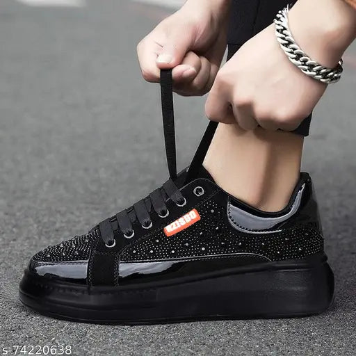 Black $ Gold Solid Sneakers For Men